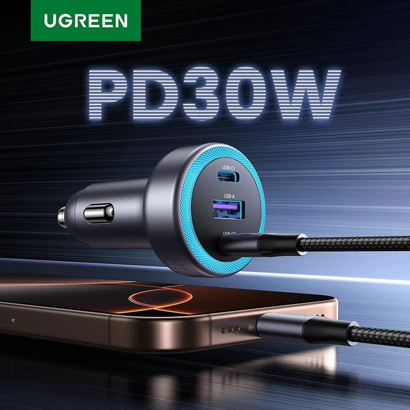 UGREEN Car Charger PD30W USB C Fast Charger สําหรับการชาร์จอย่างรวดเร็วสําหรับโทรศัพท์มือถือ USB C C