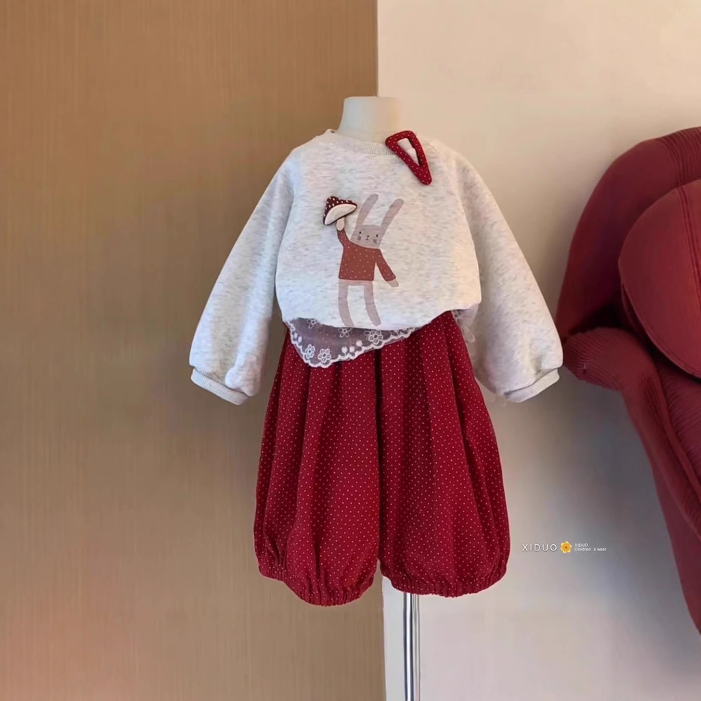 ชุดสองชิ้นแขนยาวสำหรับเด็ก พิมพ์ลายการ์ตูนกระต่าย สไตล์เสื้อกันหนาวและกางเกง