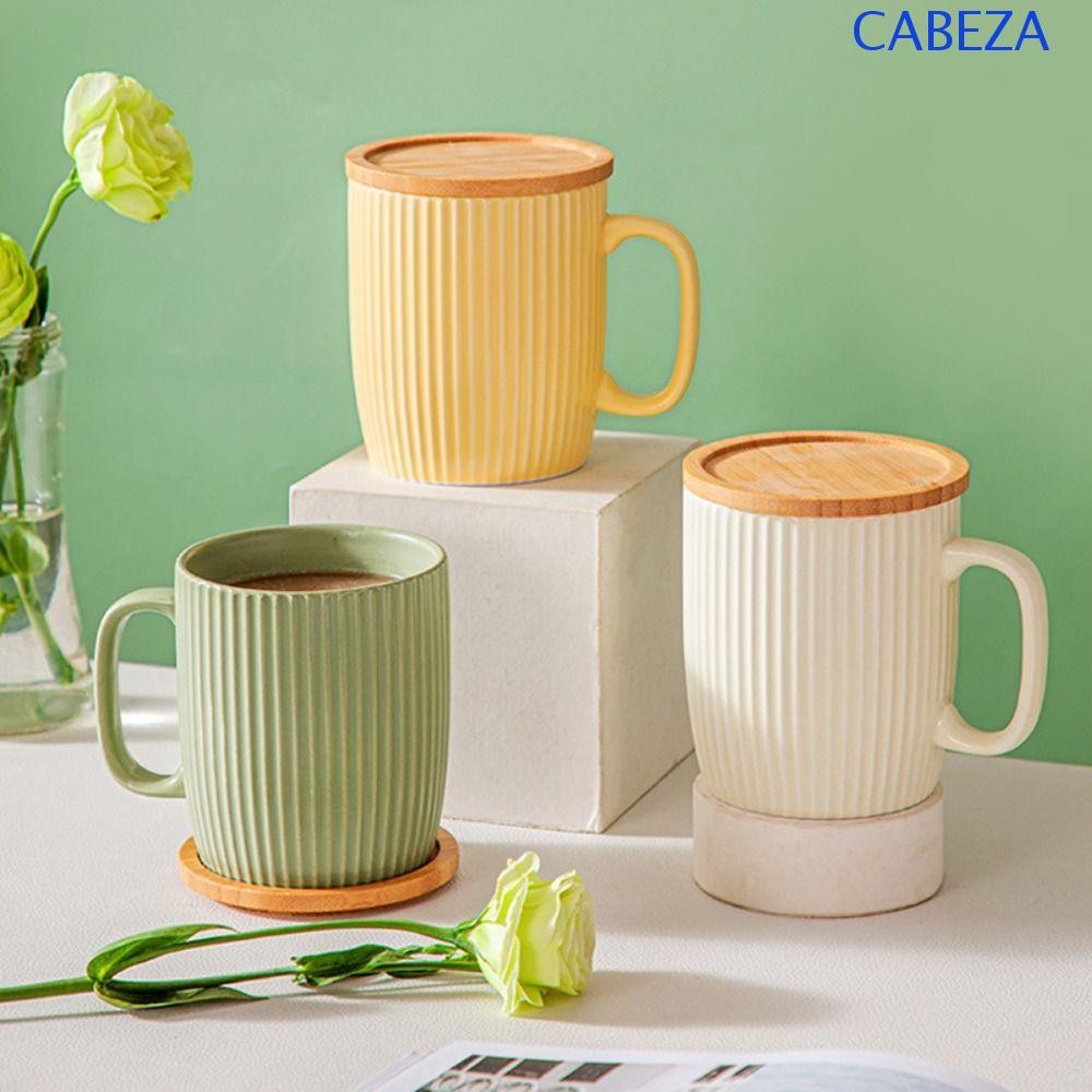 CABEZA แก้วเซรามิค, แนวตั้ง Grain 400ml ถ้วยกาแฟ, ร้อนสวยพร้อมฝาปิดไม้เรียบง่ายถ้วยอาหารเช้าสํานักงาน