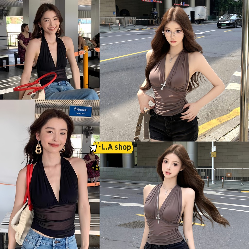 L.A Shop★พร้อมส่ง เสื้อแขนกุด คล้องคอ เสื้อยืด คอวี  เว้าหลังอก เข้ารูป เซ็กซี่ "FY9345"