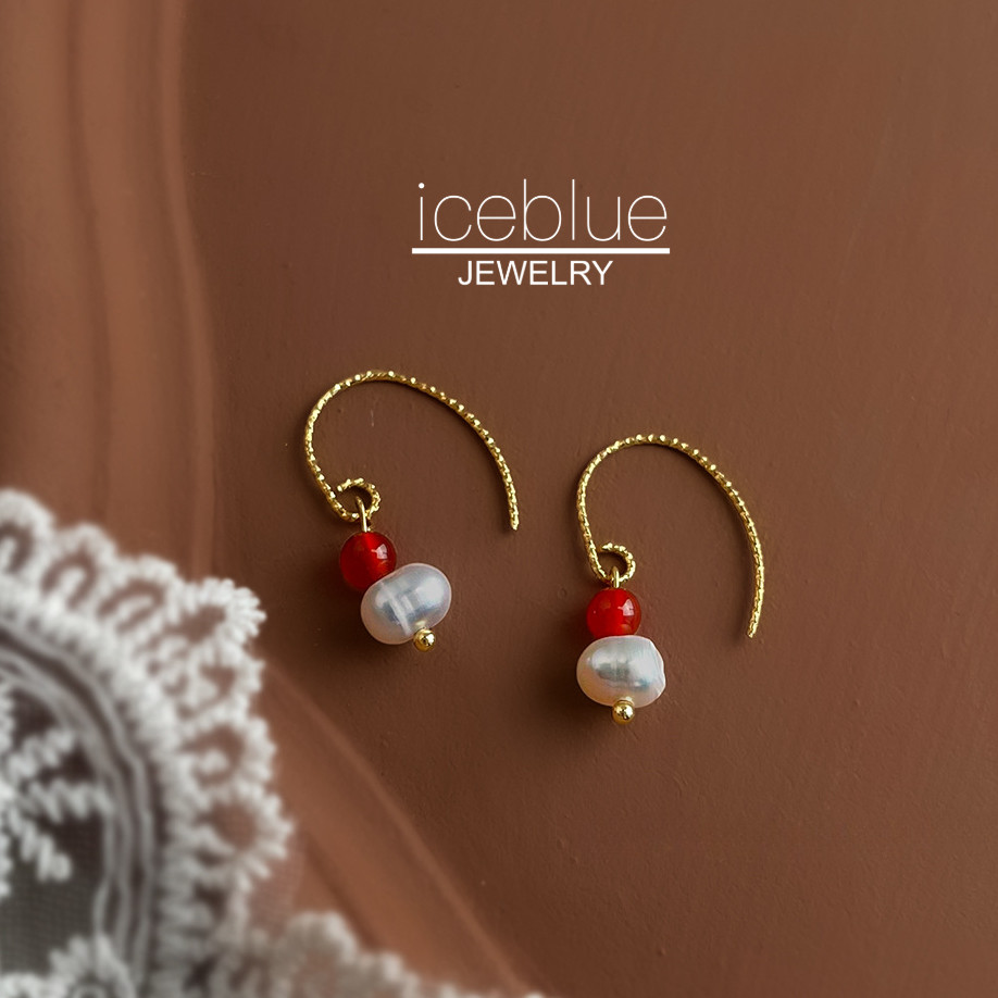 Iceblue-ไข่มุกน้ําจืดธรรมชาติอาเกตสีแดงจี้แฮนด์เมดออกแบบหูตะขอต่างหู14พันชุบทองไม่ทลายเครื่องประดับกันน้ําต่างหูเหล็กไทเทเนียมสําหรับผู้หญิง จ110