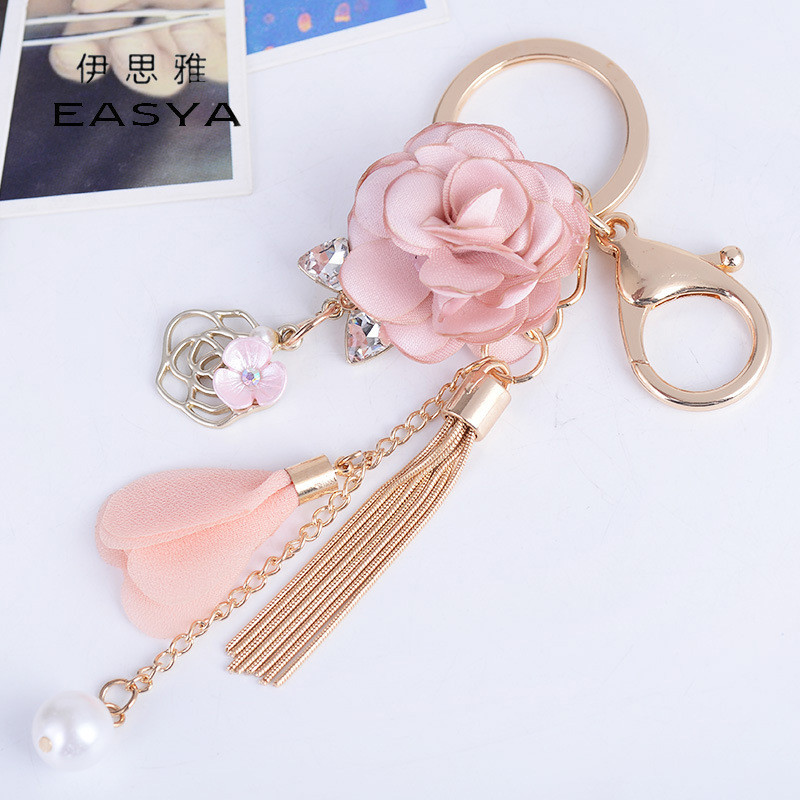 【Ready Stock】 Korean Style Fresh Fabric Small Flower Tassel Car Key Ring Creative Bag Pendant Exquis