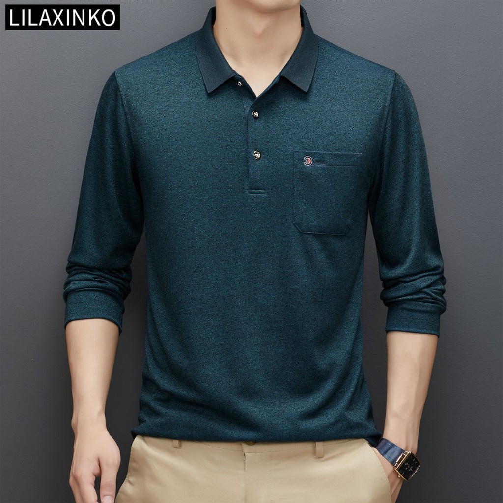 เสื้อโปโลผู้ชาย สีทึบพื้นฐาน แขนยาว สไตล์คลาสสิก สวมใส่ง่าย