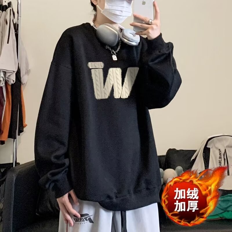 ซับขนแกะฤดูใบไม้ร่วงฤดูหนาวพิมพ์แขนยาวเสื้อยืด จุดต่ําสุด เสื้อรอบคอใหม่ด้านบนผู้ชายผู้หญิงผู้ชายเสื