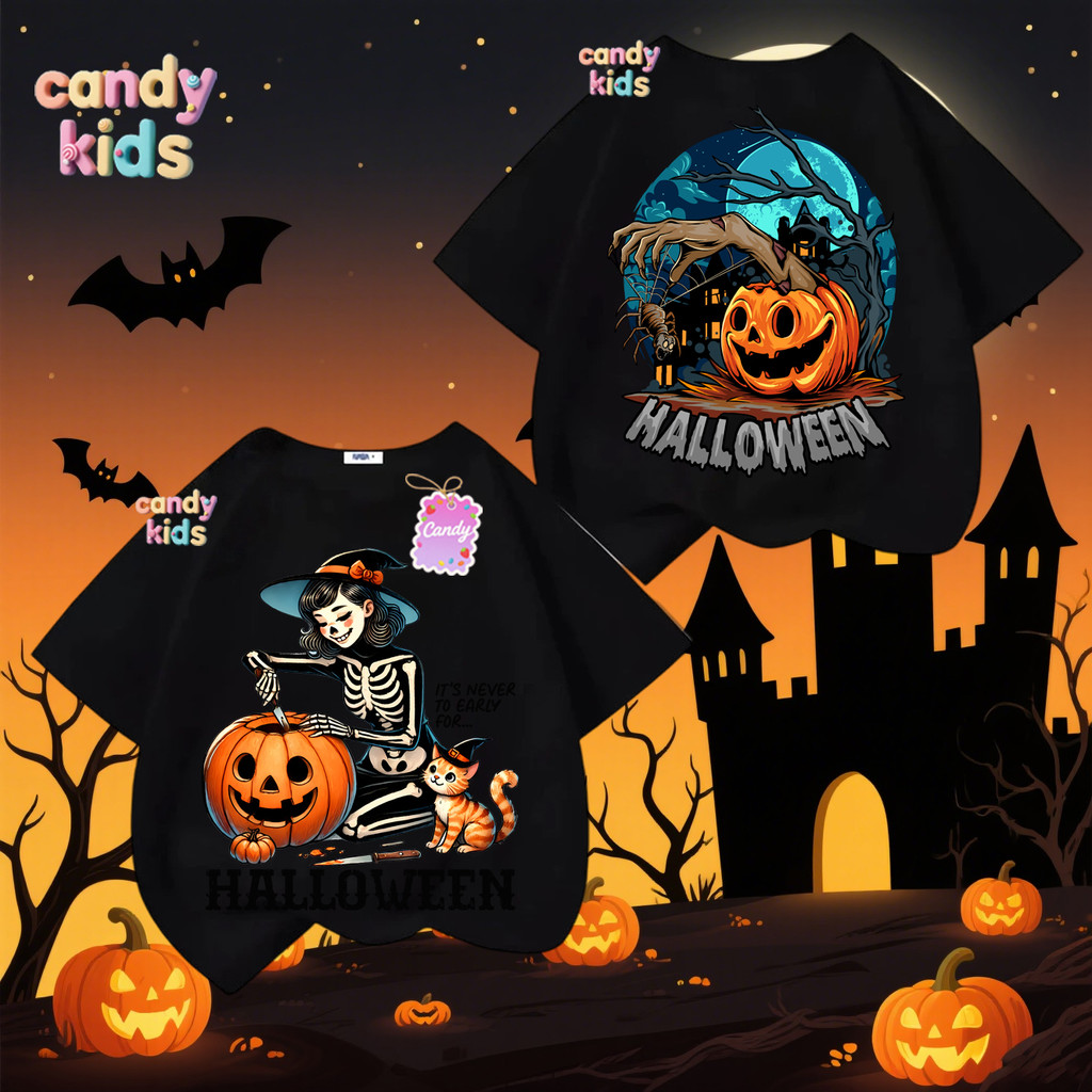 (จัดส่งตลอด 24 ชั่วโมง) Halloween เสื้อทีชฮาโลวีน เด็กๆ ยาวแขนสั้น สำหรับชายหญิง Happy Halloween #H7