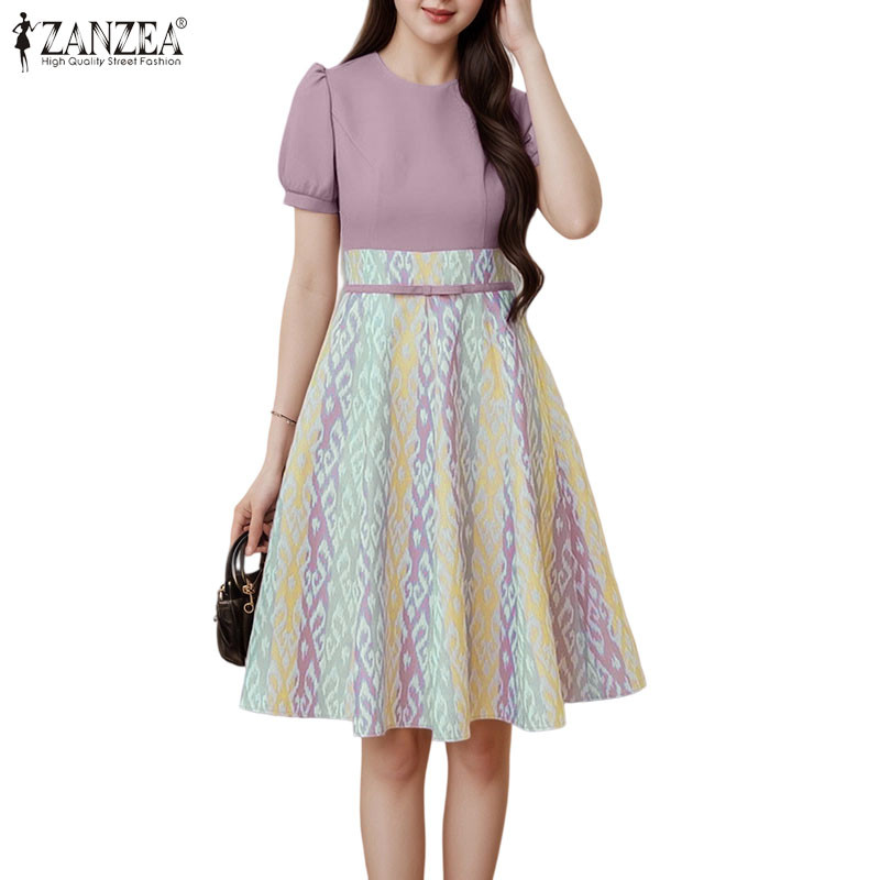 ZANZEA ผู้หญิงเกาหลี Elegant Party ลูกเรือคอพัฟแขนพิมพ์ชาติพันธุ์ Bowknot Decor ชุด A-Line