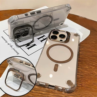 สี่มุม Anti Drop Cosmic สีส้มแม่เหล็กเคสโทรศัพท์สําหรับ iPhone 17 16 11 12 13 14 15 Pro Max Plus 17Air พร้อมเลนส์ป้องกัน Flim ขาตั้งโลหะโปร่งใสกันกระแทกปลอก