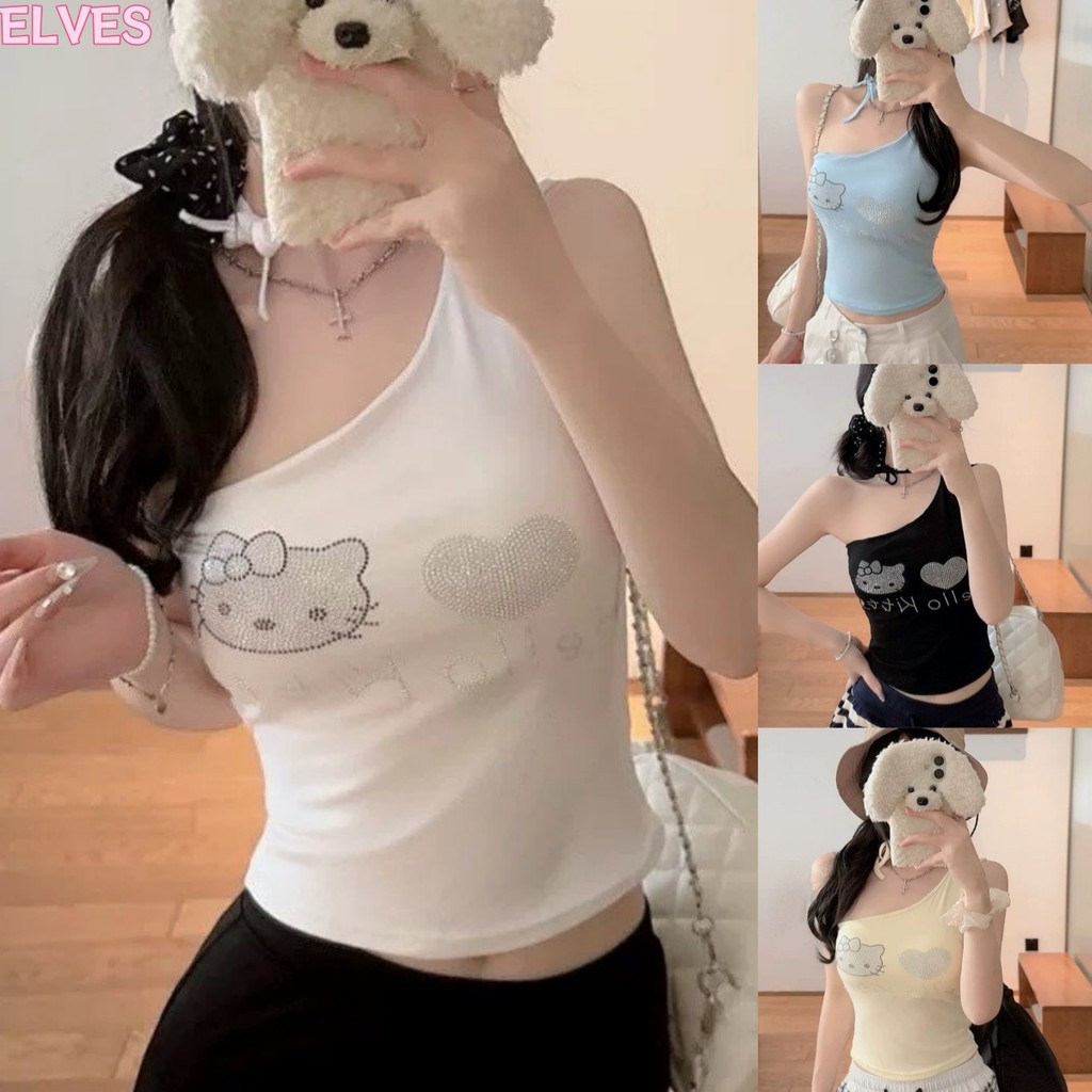 Elves พร้อมส่ง💟 เสื้อกล้ามไหล่เฉียง ดีไซน์ติดเพชรลายการ์ตูนน่ารัก สีสันสดใส ฟองน้ำในตัว น่ารัก เซ็กซี่"FY10148"