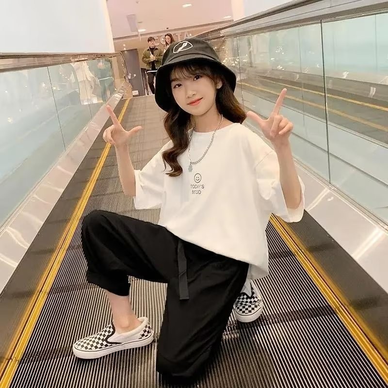 COD 2025 Fashion Children's Clothing Round Neck Trendy Five-Sleeve Ins New Versatile Summer Simple T