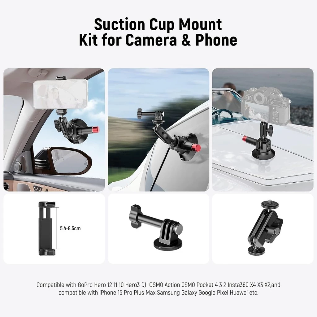 NEEWER CA104 3 "ถ้วยดูดกล้อง – Ball Head Magic Arm, 1/4" ARRI Holes, Quick Release Car Mount พร้อมที่วางโทรศัพท์/อะแดปเตอร์ Action Cam สําหรับ iPhone/GoPro/DJI/Insta360 thumbnail 3