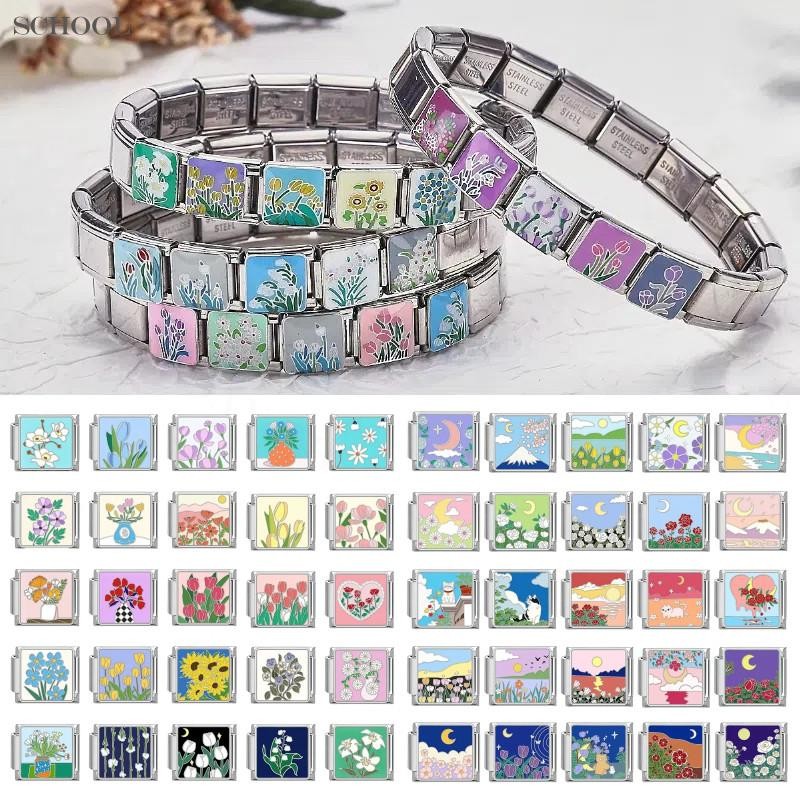 สร้อยข้อมือสไตล์อิตาเลียนดอกไม้ charm ขนาด 9 มม. สแตนเลส เหมาะสำหรับคนชอบสไตล์เรโทรและทำเอง