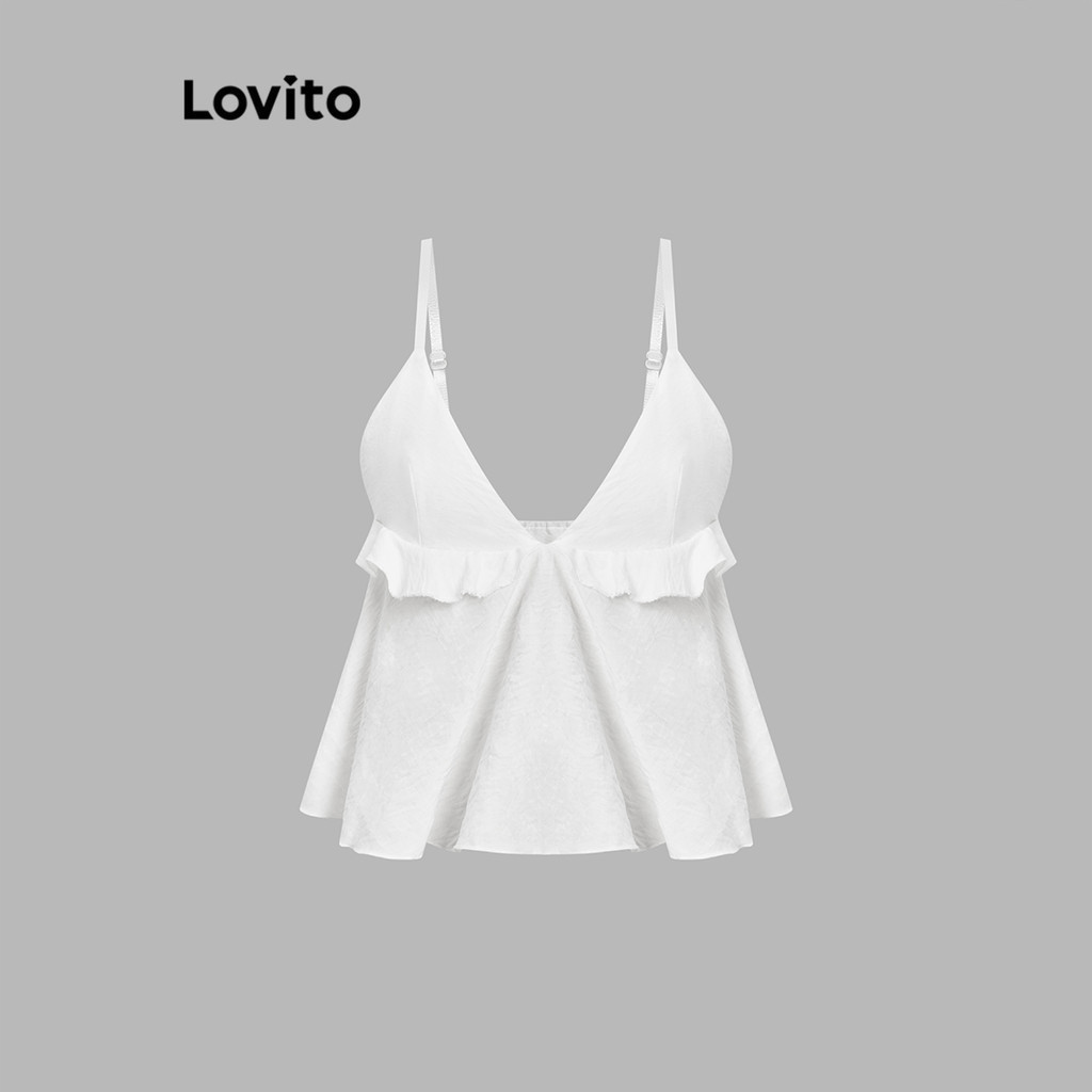 Lovito เสื้อลําลองจีบธรรมดาแบบอสมมาตรฤดูร้อน/เสื้อกล้ามฤดูใบไม้ผลิสําหรับผู้หญิง L114AD222
