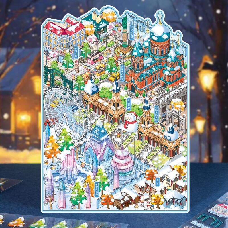 WEI 4 ชิ้น [Harbin Series] สติ๊กเกอร์ภูมิทัศน์ 3D วัสดุกันน้ําขนาดใหญ่พิเศษ City Snowman การ์ตูนสไตล์สมุดภาพ Journal Planner ตกแต่งเครื่องเขียนสติกเกอร์