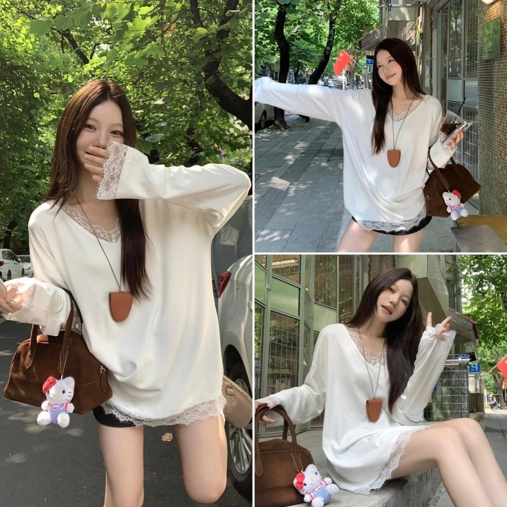 Hotgirl พร้อมส่ง เสื้อยืดแขนยาวผู้หญิง เสื้อยืดสวยๆผู้หญิง ดีไซน์ผ้าลูกไม้คอวีสไตล์ฝรั่งเศส สีพื้น หลวม เซ็กซี่ และสบาย