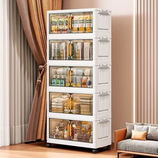 Leerhome ตู้เก็บของ รุ่นใหม่ พับได้ ประตูใส มินิมอล ความจุใหญ่ 50-90ซม. 3-6 ชั้น พร้อมล้อเลื่อน แข็งแรงทนทาน