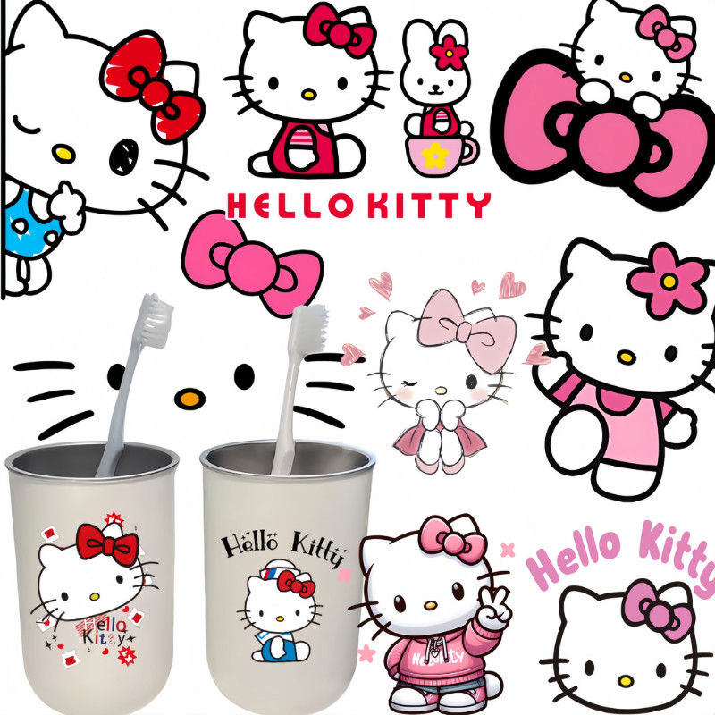 Hello Kitty UV transfer สติกเกอร์คริสตัลโลโก้ถ้วยกล่องอาหารกลางวันเคสโทรศัพท์ตกแต่งกระเป๋าเดินทางฉีกขาดฟิล์มสติกเกอร์โปร่งใส