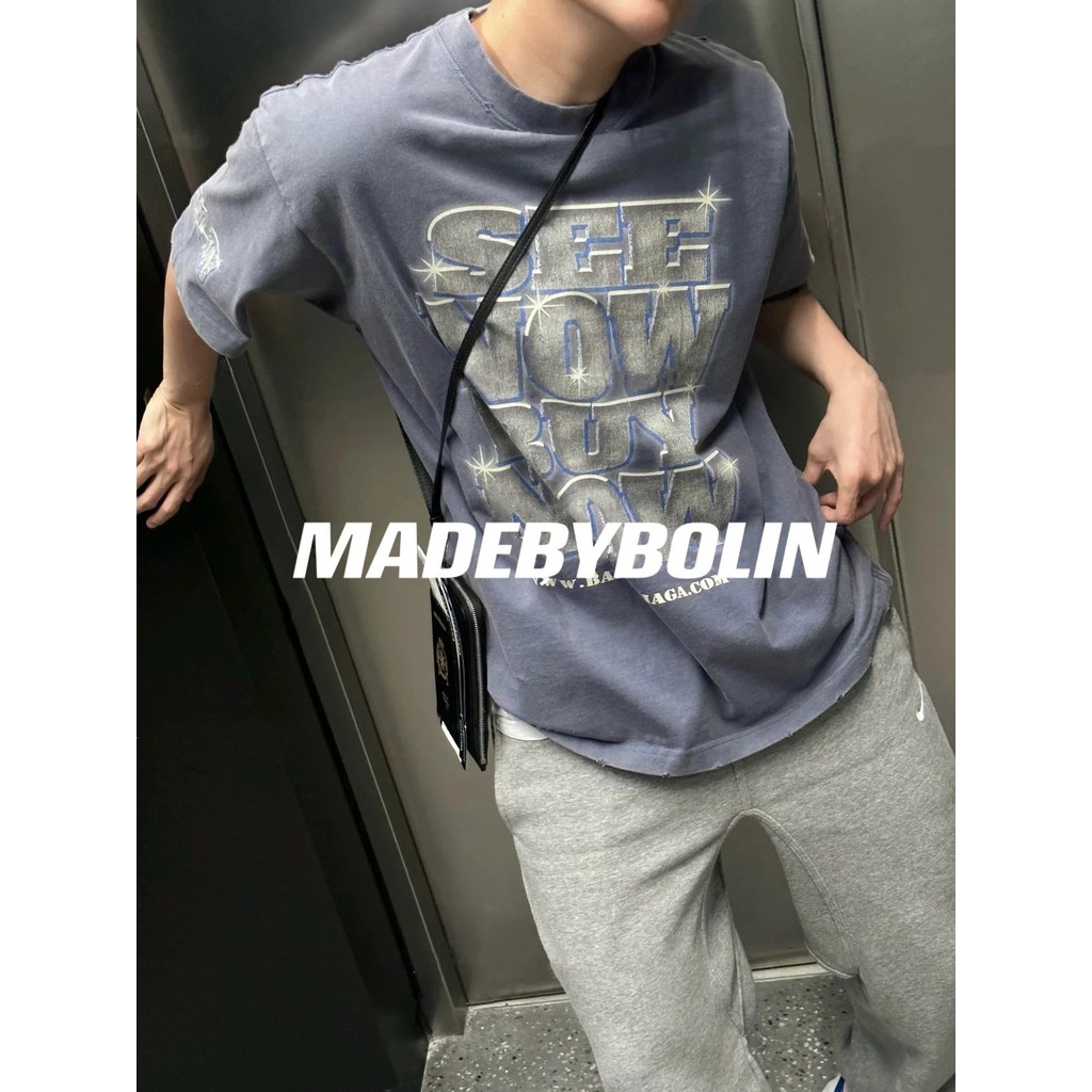 SS24 ฤดูใบไม้ผลิฤดูร้อนสไตล์ใหม่ BLCG S NOWBUY NRICH Distressed ล้าง Ripped 3D เพชรผ้าฝ้ายแขนสั้น St