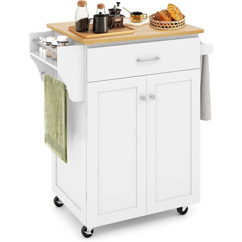 Rolling Kitchen Island รถเข็นห้องครัวพร้อมชั้นวางเครื่องเทศ,ลิ้นชักขนาดใหญ่,ชั้นวางผ้าเช็ดตัว,ตู้เก็