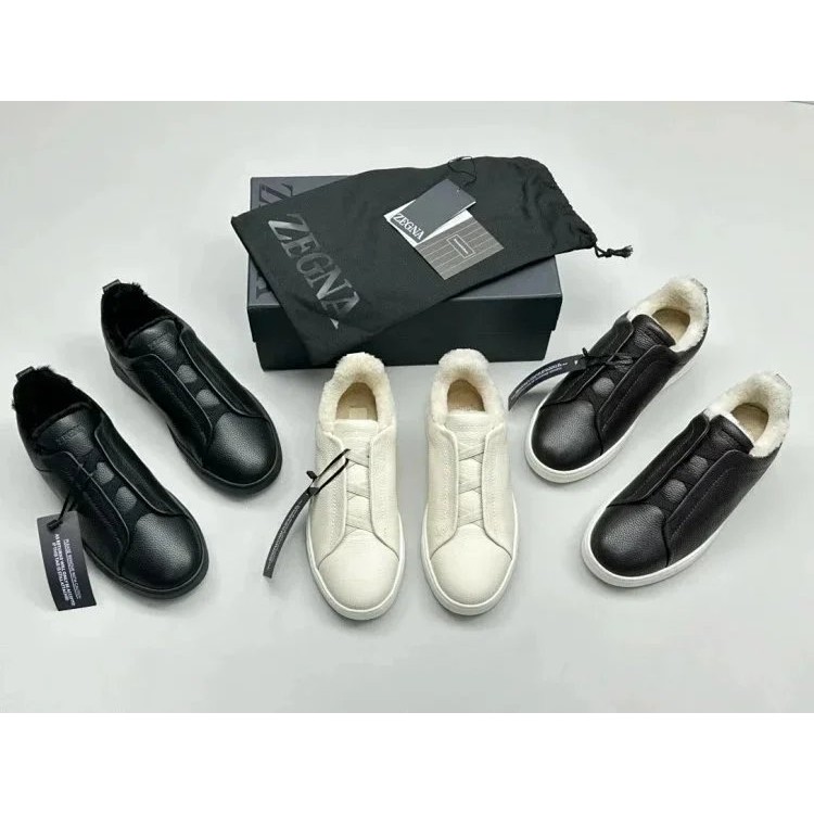 [เวอร์ชั่นท็อป] Zegna Zegna รองเท้าผู้ชายรองเท้าผ้าใบลําลองรองเท้าสีขาวขนสัตว์หิมะรองเท้าผ้าใบย้อนยุ