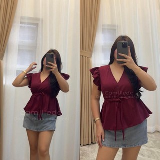 1130-Ruffle Sleeve Cotton crepe Sleeveless V-neck Ribbon very comfy to wear Top