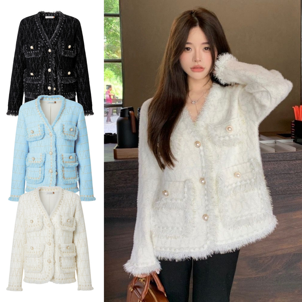 เสื้อคลุมแขนยาวงานไหมพรมหนา สำหรับฤดูหนาว แต่งลวดลายแนวเกาหลี มีกระเป๋าหน้าใช้งานได้แต่งกระดุมมุข เก๋ๆ