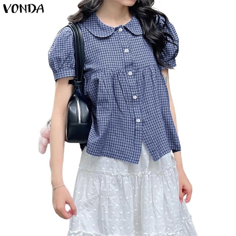 แย่ ผู้หญิงเกาหลีกระโหลกแขนพัฟคอตุ๊กตาลายสก๊อตฤดูใบไม้ผลิ/ฤดูร้อนเสื้อ