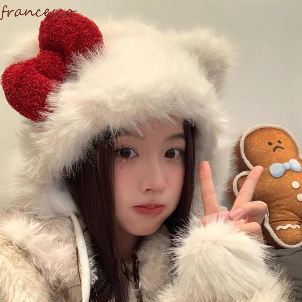 FRANCESCO Kitty Cat Bow Red Ear Protection Beanie สำหรับเด็กหญิงและวัยสาวในหน้าหนาว