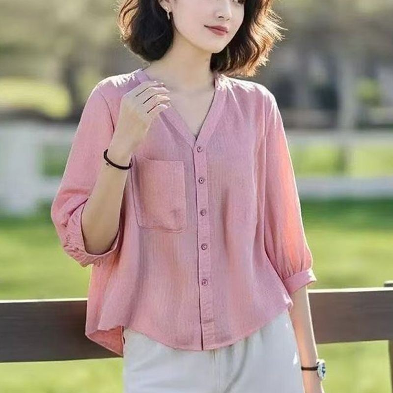 VSummer V-neck unique fashion solid color shirt slim cover20251009