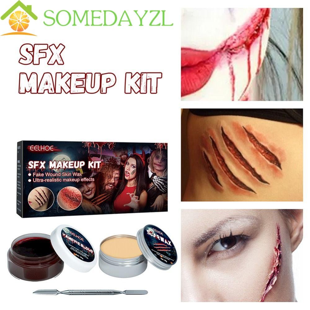 SOMEDAYZL ชุดแต่งหน้าฮาโลวีน, เครื่องสําอางพร้อมไม้พาย Skin Wax ชุดเลือดปลอม, Professional แต่งหน้า 