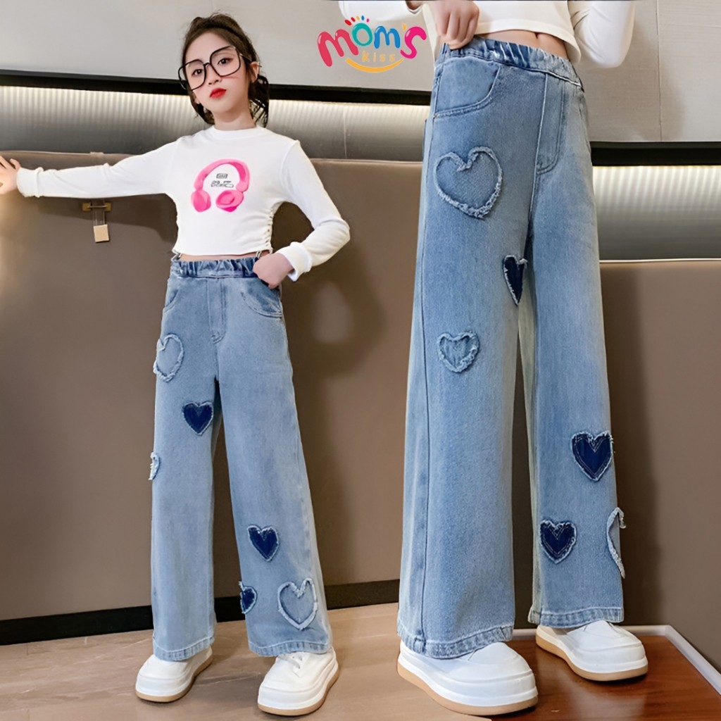 กางเกงยีนส์ลายหัวใจสำหรับเด็กผู้หญิง นุ่มสบาย มัลติฟังก์ชัน ดีไซน์ลำลอง