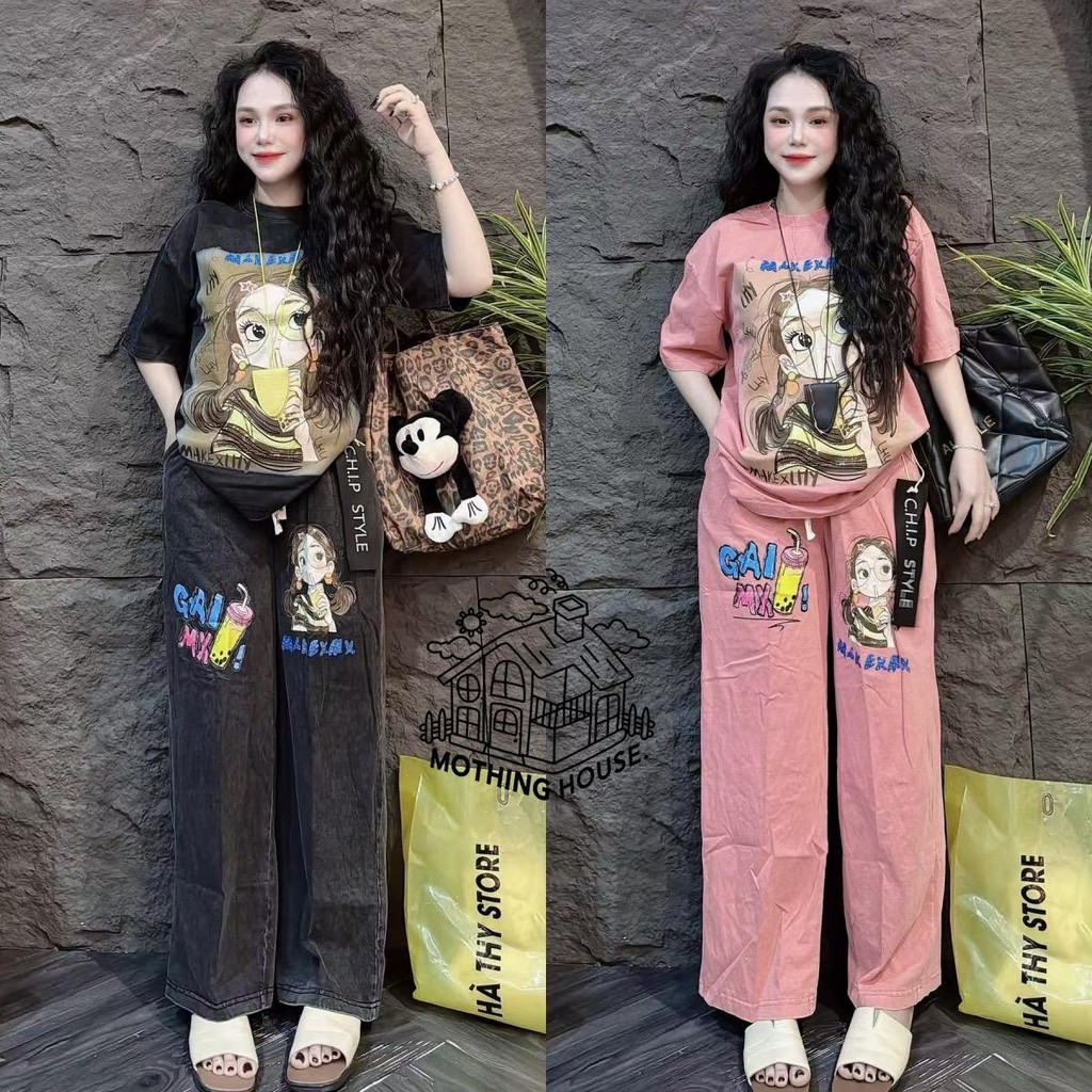 Mayura Stores No.Set5714 ชุดเซ็ท2ชิ้น ลายผู้หญิงชาไข่มุก *กางเกงผ้ายีนส์เทียม* ชุดเซ็ท ชุดแฟชั่น