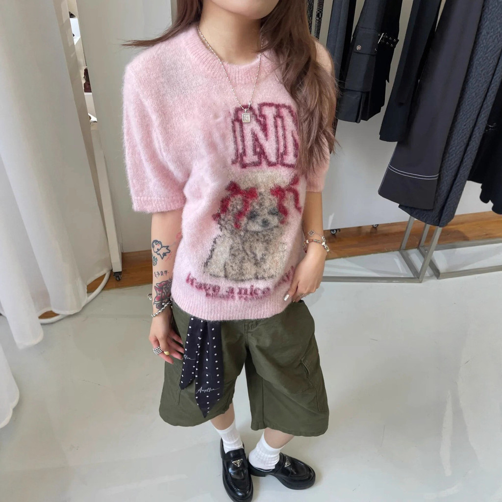 GANNI Early Autumn Niche Design Pink Poodle Pattern Jacquard Round Neck Pullover Knitted Sweater Top