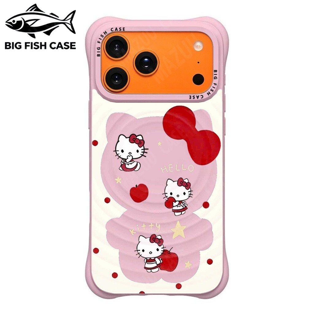 เคสไอโฟน เคสซิลิโคนสีชมพู ลายคลื่นแมวน่ารัก ผลแอปเปิลแดง มีระบบแม่เหล็ก ขอบหนาป้องกันตก เข้ากับ iphone17 16 15 14 13 12