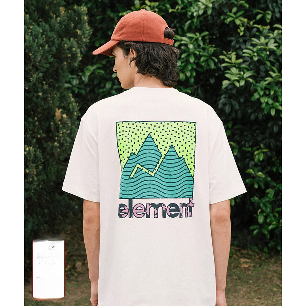 ELEMENT Skateboard เสื้อยืดแขนสั้นผู้ชายสีขาว Retro Mountain พิมพ์ผ้าฝ้ายแท้ไหล่ลงด้านบน