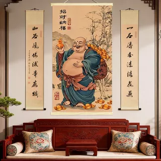 2026 ภาพวาด Big Belly Maitreya ภาพวาด Maitreya พระพุทธรูปเงิน Fortune ห้องนั่งเล่น Entrance sy ชาพื้นหลังตกแต่งผนัง