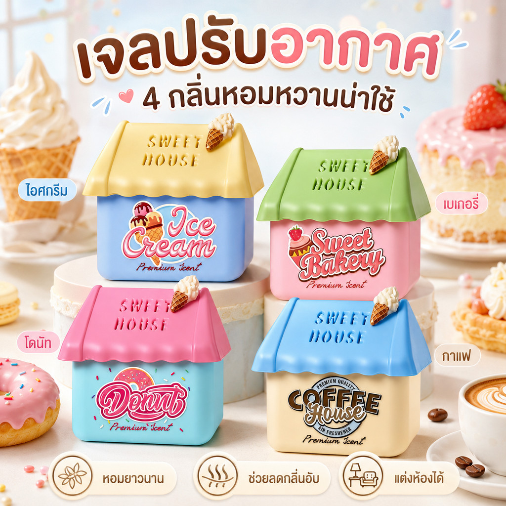 บ้านไอศครีม เจลปรับอากาศ เจลหอมปรับอากาศ หัวน้ำหอมแท้ เจลหอม ห้องหอม คละกลิ่น