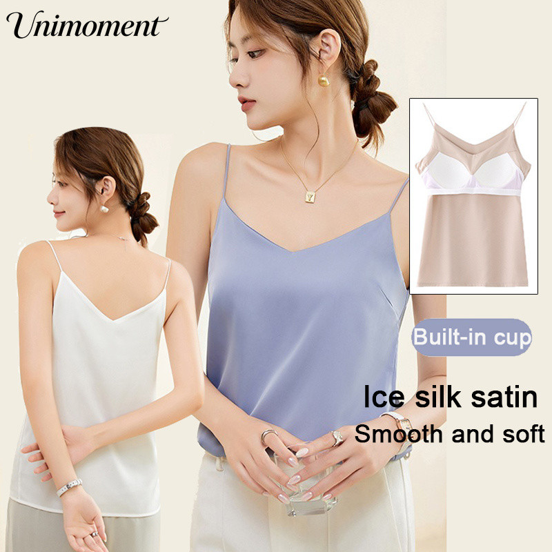 [Unimoment] S-XXL V คอผ้าไหมน้ําแข็งบางสายคล้องไหล่ Camisoles ผู้หญิงในตัวหน้าอก Pad Cooling ซาตินเรียบหลวมด้านบน