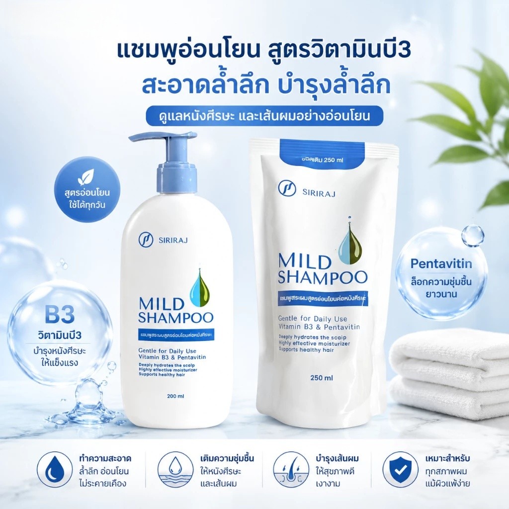แชมพูสระผม Siriraj Mild 200+250ml สูตรอ่อนโยน ปราศจากซิลิโคนและพาราเบน