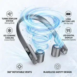 HWD 2026 อัพเกรดใหม่ 2 In 1 พัดลมติดคอแบบพกพาพร้อมไฟ LED, ชาร์จ USB, พัดลมคล้องคอกังหันไร้ใบพัดแบบปร