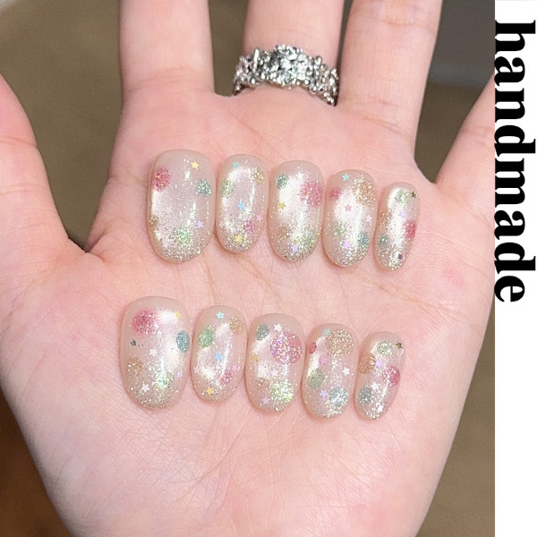 กดบนเล็บ ทําด้วยมือ [ฟองหลากสี] Clear Dopamine Cats Eye Short Pure handmade Wear Nails Patch เล็บปลอม