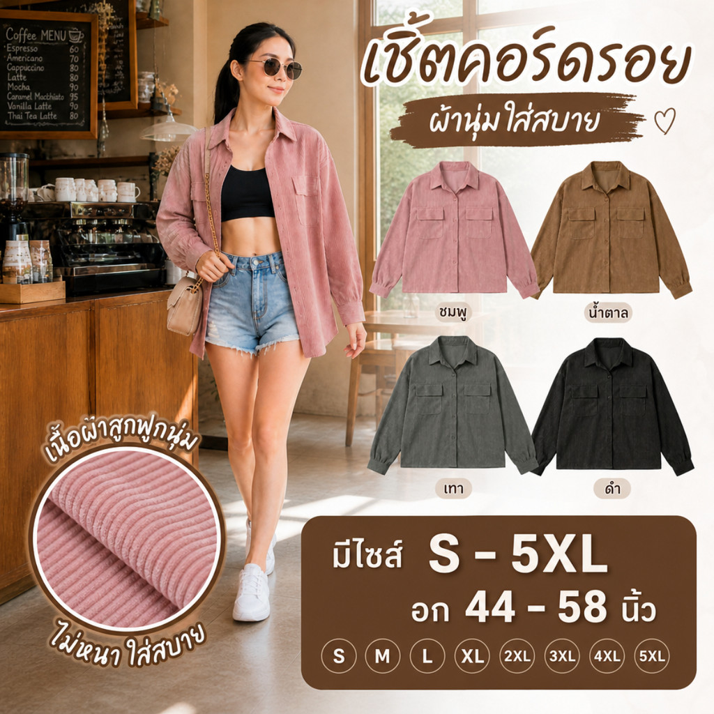 เสื้อเชิ้ตผ้าลูกฟูก ทรงโอเวอร์ไซส์ มีไซส์ S-5XL แขนยาว ดีเทลกระเป๋าคู่หน้า ลุควินเทจมินิมอล สไตล์เกาหลี