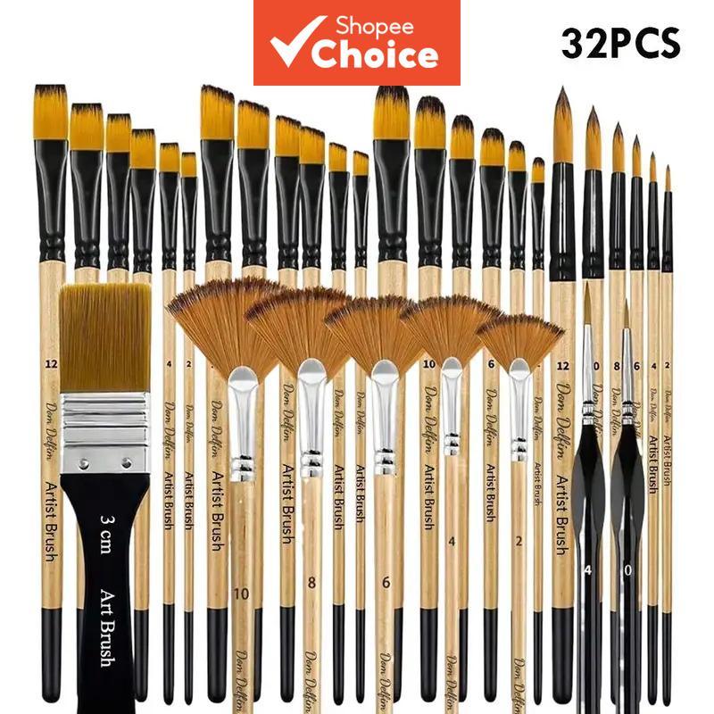 ชุดพู่กันสีศิลปะระดับมืออาชีพ 32 ชิ้น ด้ามไม้ ขนไนลอน สําหรับสีอะคริลิค สีน้ํา สีน้ํามัน