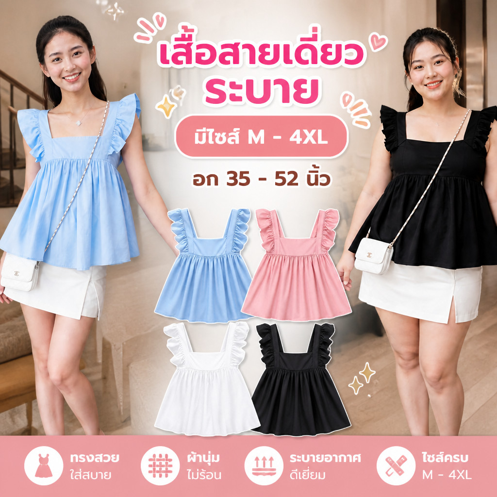 เสื้อสายเดี่ยวชีฟองระบาย มีไซส์ M-4XL คอเหลี่ยมสไตล์เกาหลี แมทช์ง่ายใส่เที่ยวคาเฟ่