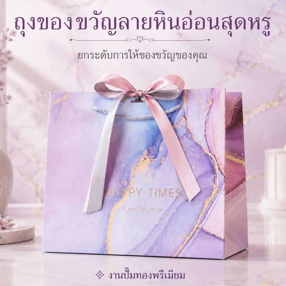 ถุงของขวัญ 4ไซส์ HAPPY TIMES ลายน้ำพาสเทลหรู แถมริบบิ้นชมพูเงิน 2 ฟรี เส้น กระดาษหนา ใส่ของชำร่วย งานแต่ง วันเกิด