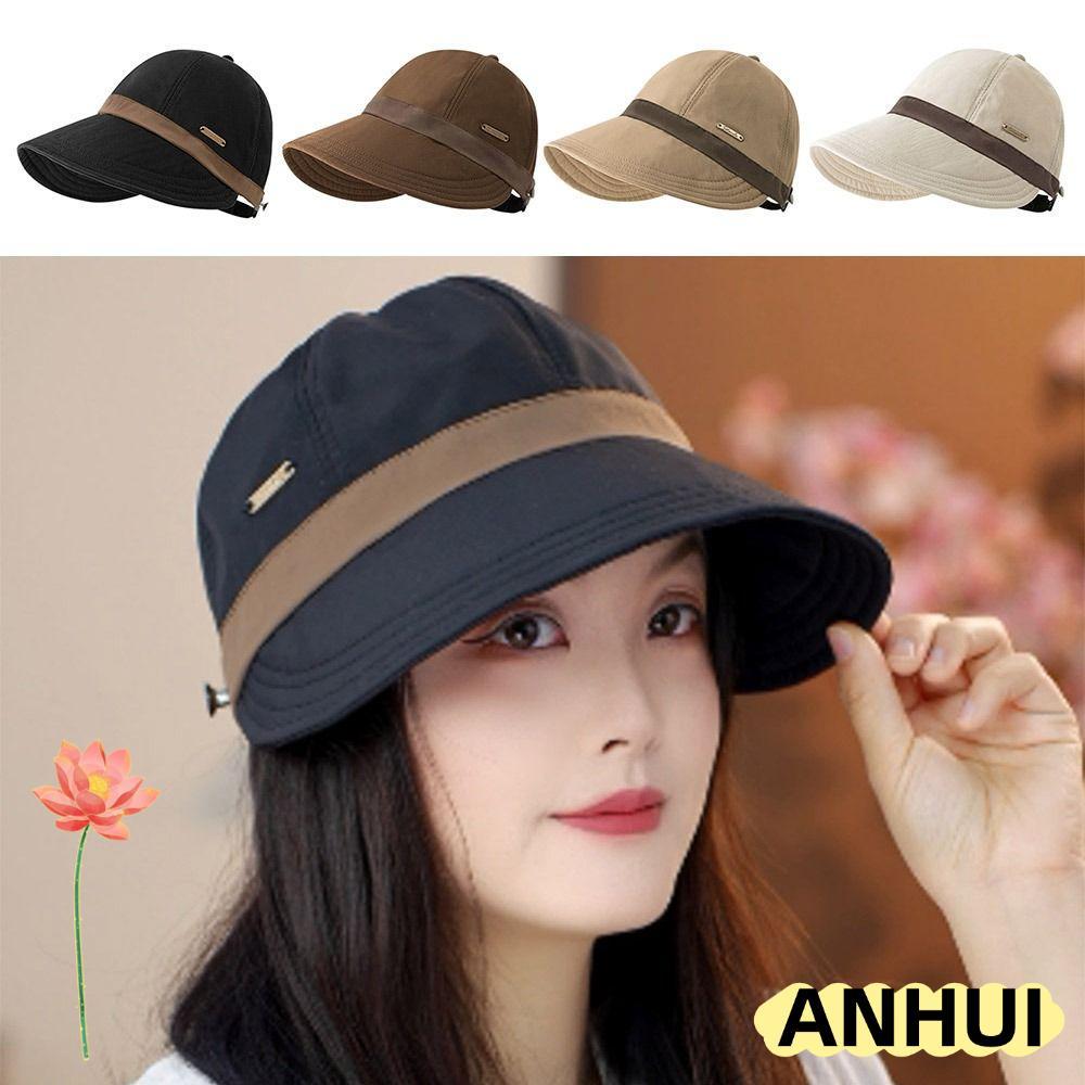 ANHUI หมวกปีกกว้างสําหรับผู้หญิงหมวกยอดแหลมโดมชายคากว้างสีจับคู่สามารถแขวนหมวกชาวประมงบังแดด