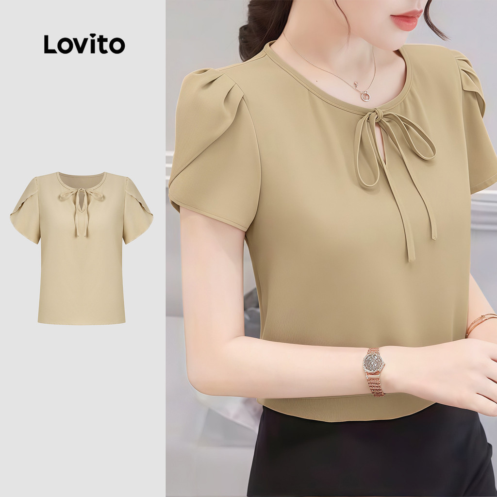 Lovito สง่างาม เสื้อเชิ้ตผู้หญิงสีม่วงสําหรับฤดูใบไม้ผลิ/ฤดูร้อน มีเข็มขัดและกระดุม L177ED075