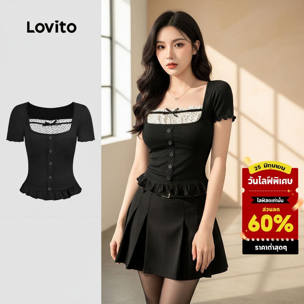 Lovito ลำลอง เสื้อยืดลําลองแฟชั่น 2 in 1 ดีไซน์โบว์ตัดกับเทปสีสวย สําหรับฤดูใบไม้ผลิและฤดูร้อน สีดํา L139AD016