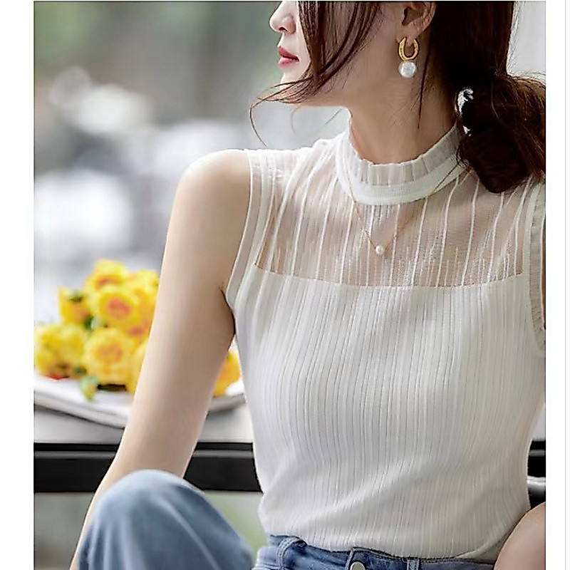 เสื้อกั๊กลูกไม้สีขาวฝรั่งเศสครึ่งคอเต่าเสื้อแขนกุด