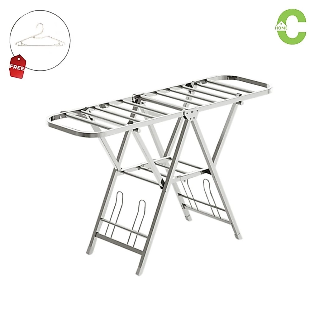 HOMEC ราวตากผ้าสแตนเลส ราวตากผ้าพับได้ แขวนผ้าแบบกางปีก Folding clothes rack พับเก็บได้ ประหยัดพื้นที่ 2ขนาด ฟรีไม้แขวน