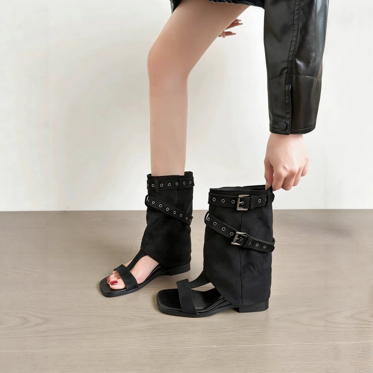 JINxCHOY สไตล์ใหม่สแควร์ Toe Suede ด้านในเพิ่มความสูงรองแตะเปิดนิ้วเท้า PU One-Pedal สีทึบเกาหลีสุภาพสตรี Niche แฟชั่นรองเท้าแตะรองเท้าโรงงานขายส่งราคา